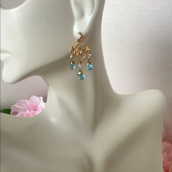14k BLUE TOPAZ CHANDELIER EARRINGS - Picture 1 of 8